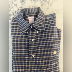 Brooks Brothers Shirt Large Blue Yellow Plaid 346 Button Down 100% Cotton EUC
